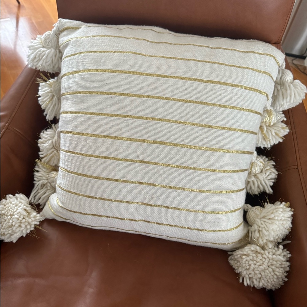 Boho White and Gold Striped Throw Pillow with Tassels/Pompoms